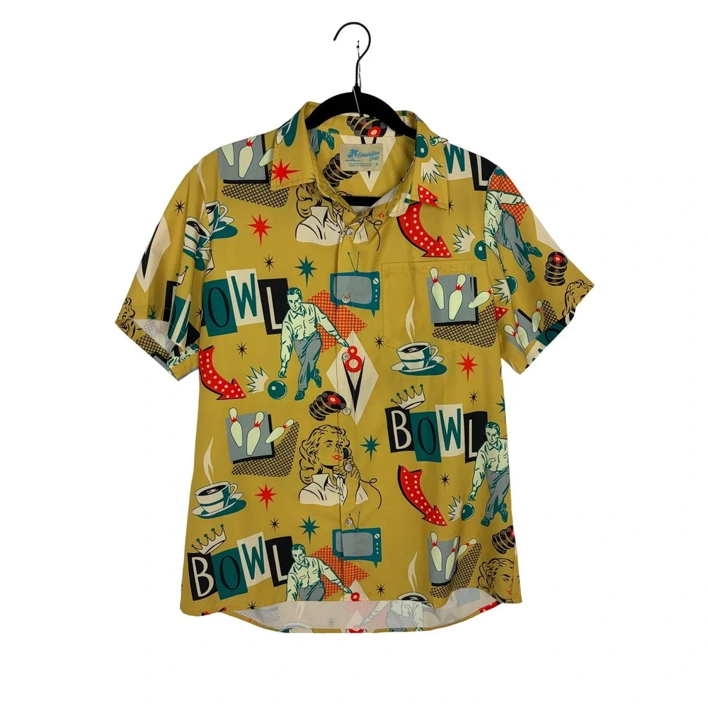 Royaura Bowling Graphic Retro Short Sleeve Button Down Shirt Size M